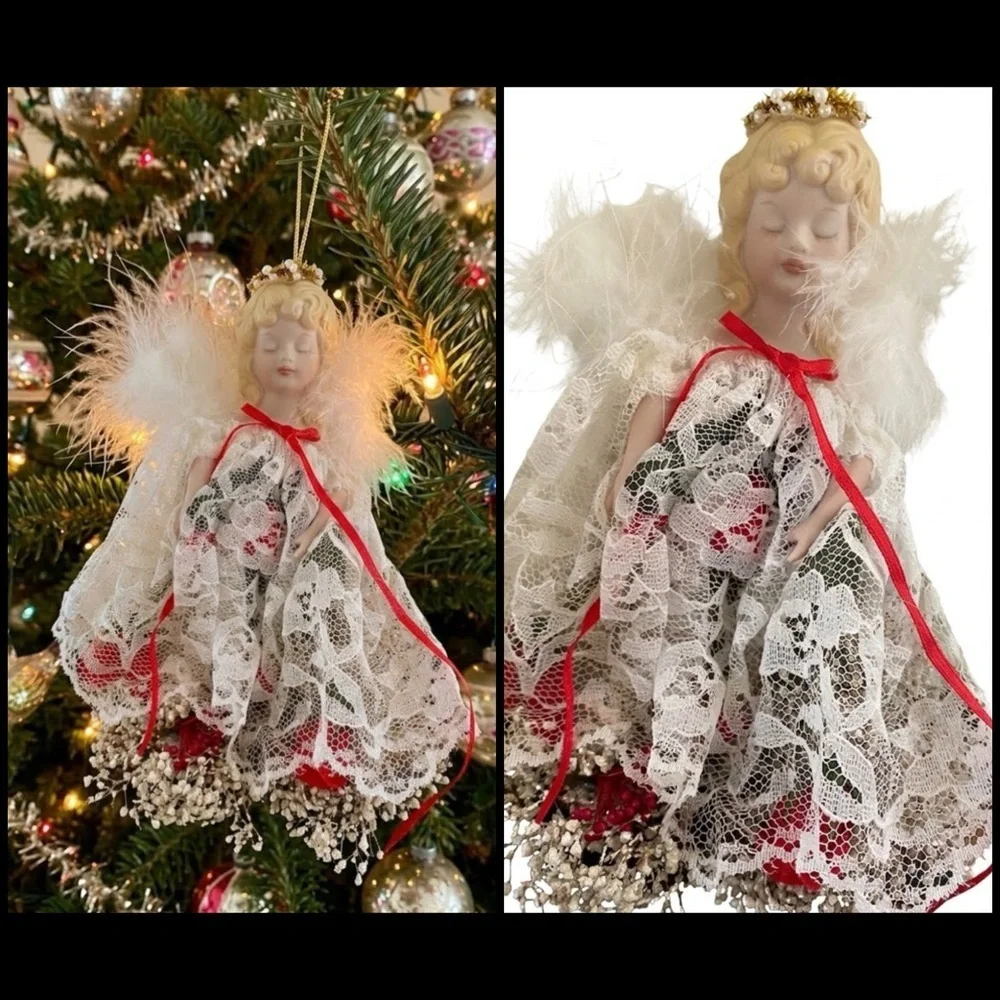 VTG Angel Feather Wings Porcelain Face Ornament Lace Dress Roses Baby Breath 8”L